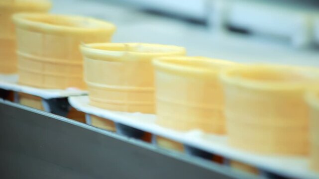 Empty wafer cups moving conveyor belt. Close up ice cream cone factory line.