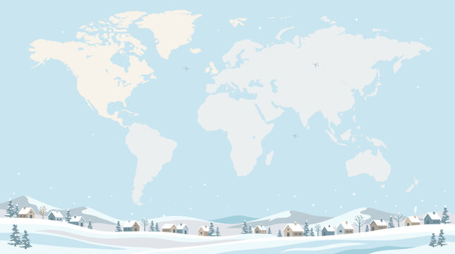 Minimalist winter world map graphic with travel flight paths and snowy village landscape scenery
