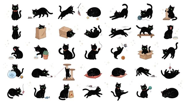 Playful black cat illustration set, 32 cute kitten icons in various poses, hand drawn feline character collection for pet branding and stickers
