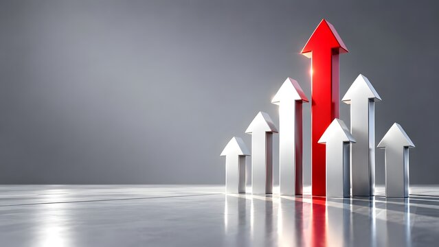 Glowing red upward arrow leading group of silver arrows symbolizing business leadership financial growth and market success