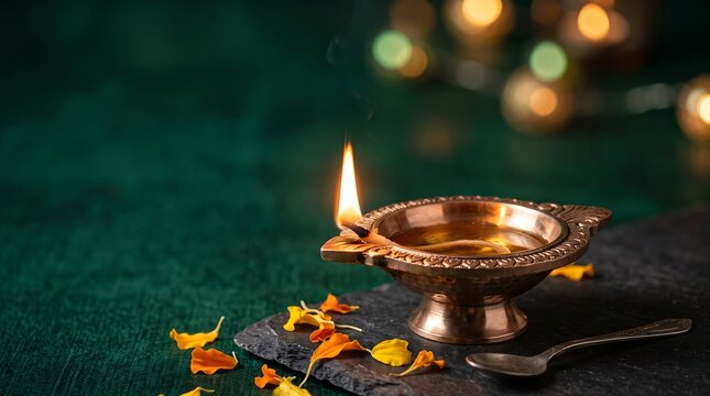 A traditional metal diya oil lamp with a bright flame, resting on a dark slate stone surface with scattered marigold petals and a small spoon, set against a dark green textured background