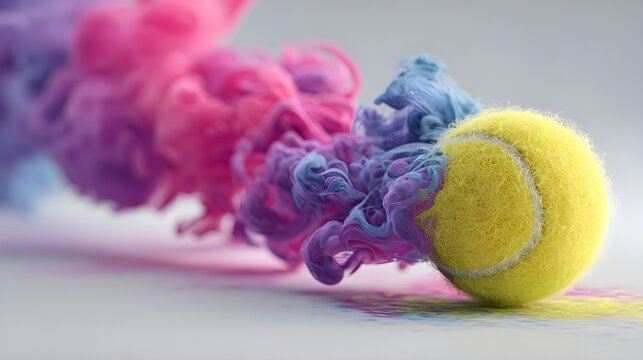 yellow tennis ball trailing pink and blue cloud of ink on white