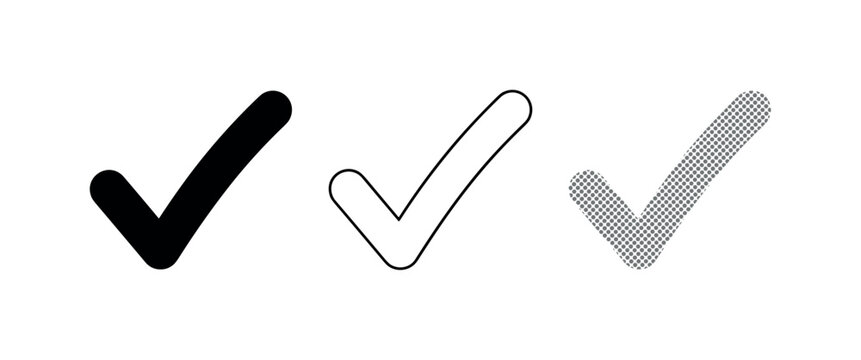 Three distinct checkmark symbols displayed in solid outline and halftone dot pattern styles