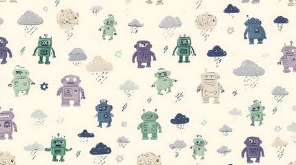 Lamas personalizadas con tu foto repeating robot pattern with clouds rain and lightning on cream background