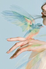 Fototapeta premium Colorful hummingbird with translucent wings hovering above an outstretched hand against a pale blue background with layered feather textures Concept of freedom