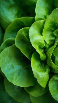 Macro photograph of crisp green butterhead lettuce leaves in bright sunlight