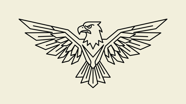Geometric black line art illustration of a stylized eagle emblem with symmetrical spread wings, inspired by ancient Aztec and Mexican motifs on a minimalist cream background.