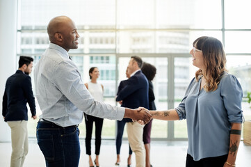 Business, handshake and people in office, greeting and welcome with introduction. Cooperation, agreement and employees in workplace, shaking hands and hello with partnership, thank you and b2b deal © peopleimages.com