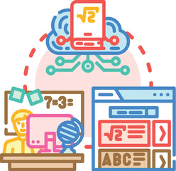 Fototapeta premium Education management system technology connecting a web interface, learning material, and a mobile application for studying and online learning