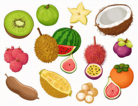 Exotic Tropical Fruit Collection: Assortment of Fresh Fruits including Durian, Jackfruit, Rambutan, Mangosteen, Passion Fruit, Kiwi, and Lychee on White Background