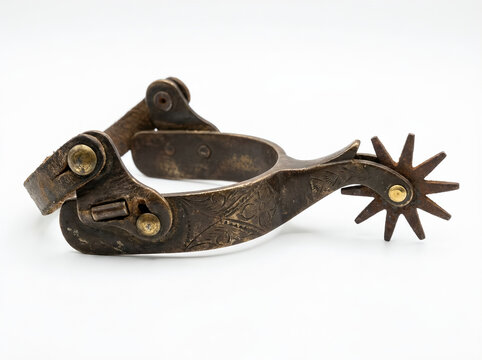 Antique metal horse spur with engraved floral patterns and a starshaped rowel, isolated on white background