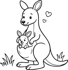 Fototapeta premium Cute mother kangaroo carrying her joey in her pouch surrounded by floating hearts, outlined black and white vector illustration for children coloring page
