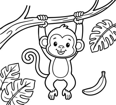 Cute cartoon monkey hanging from a tree branch with tropical leaves and a single banana, outlined black and white vector illustration for children coloring page