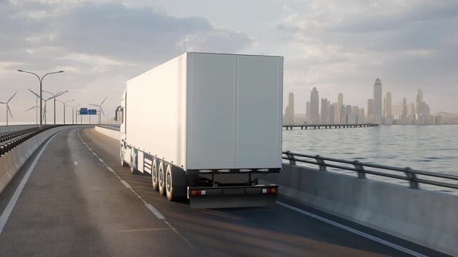 Low Rear Follow View of Semi Truck Driving Toward City Skyline