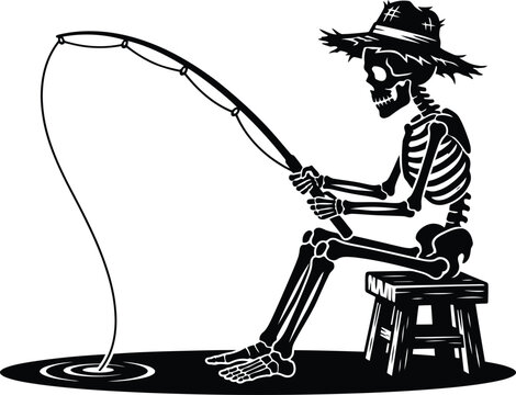 Spooky skeleton sitting on a wooden stool wearing a straw hat and fishing with a rod vector illustration isolated on a white background