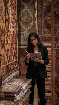 Young Female Entrepreneur Managing Inventory in Luxury Oriental Carpet Store with Digital Tablet