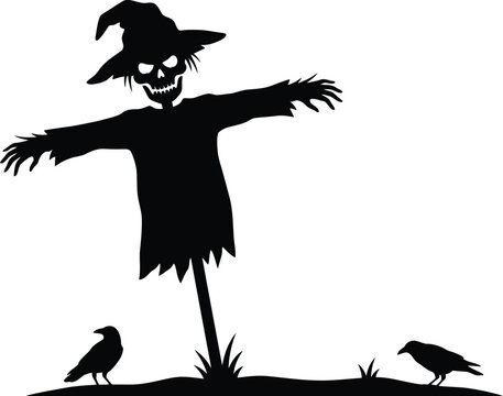 Spooky scary scarecrow silhouette with a witch hat and a skull head standing in a field with two black crows vector illustration isolated on white background