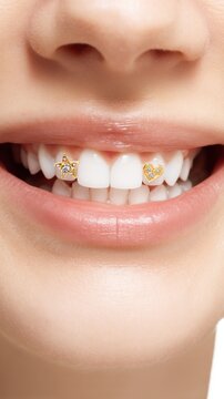 Smiling woman mouth showing teeth decorated with gold tooth gems