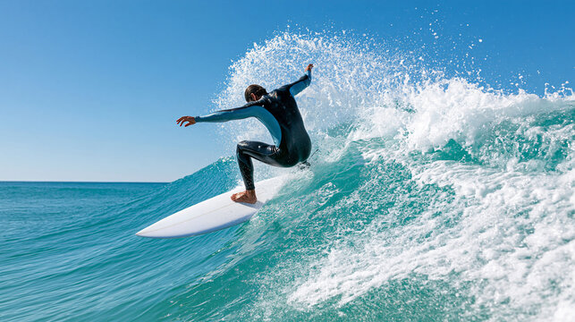 Faceless surfer riding a wave with face turned away from camera, surfing action, anonymous athlete, ocean sports, active vacation, dramatic water movement, with copy space