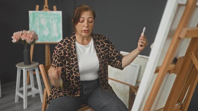 Woman painter holds smartphone in one hand and paintbrush in the other, pointing brush toward canvas while seated in studio; creative focus.