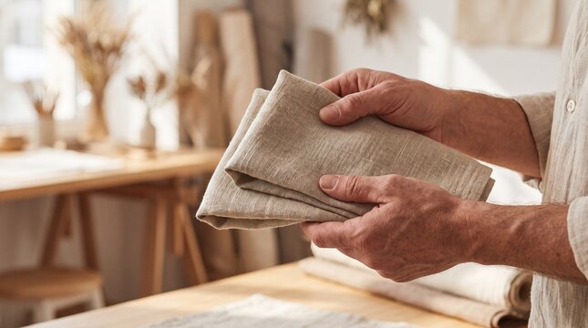 Sustainable Fabrics &ndash; Two hands gently cradle undyed linen, highlighting its natural texture and sustainable appeal