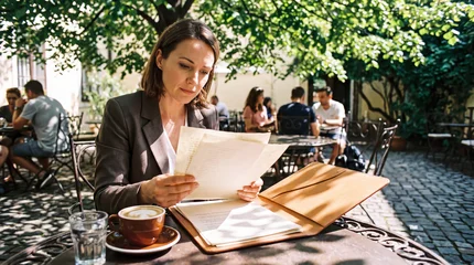 Professional woman reviewing resume at outdoor cafe table © Food Shop
