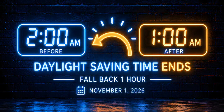Neon sign graphic illustrating daylight saving time ending with clocks changing from 2 am back to 1 am time change fall back time adjustment clock change digital time shift time update