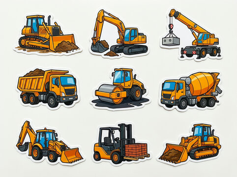 Set of cartoon construction vehicles including excavator, crane, dump truck, and bulldozer isolated on white background