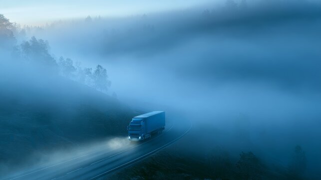 Truck driving through fog on a winding road during early morning hours