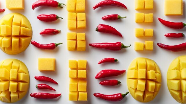 Pattern Of Diced Fresh Mango And Red Chili Peppers On White Background