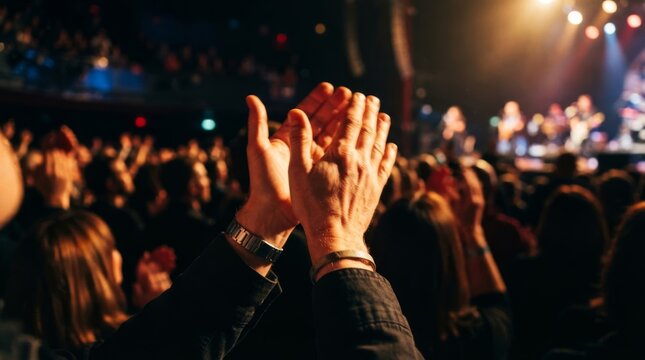 A man claps his hands in appreciation during a live concert in a theater.