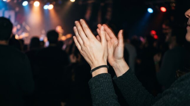 A person claps their hands in a crowd during a live music concert event.