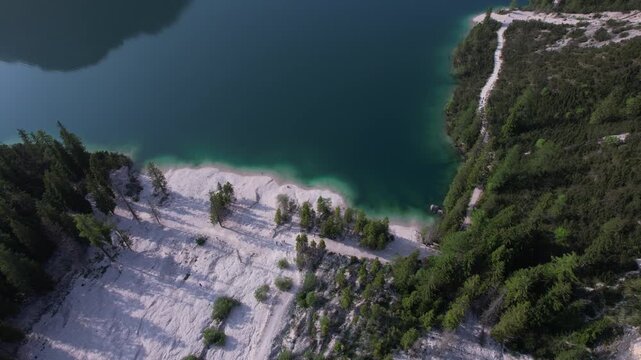 Aerial view of Dolomite mountains, the Alps, Lago di Braies