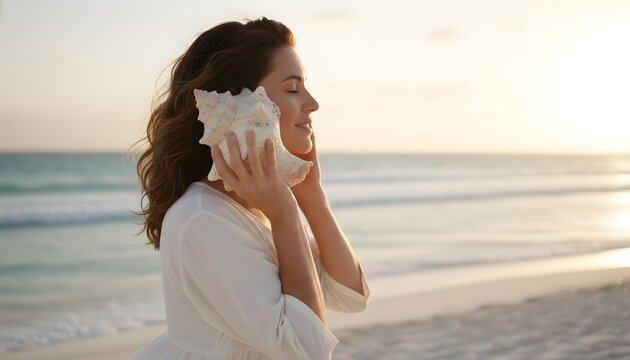 Peaceful brunette woman holding large conch shell to ear on tropical beach listening to ocean waves for mindfulness and relaxation concept during sunset in golden hour light