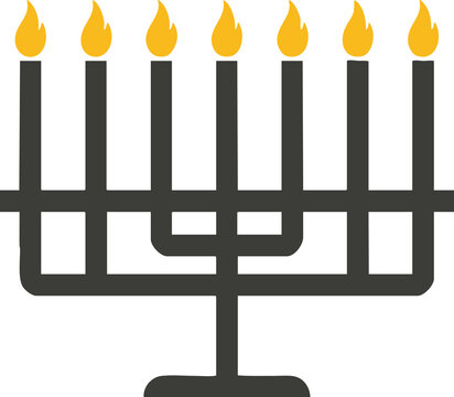 Minimalist black hanukkiah menorah icon with seven yellow burning flames