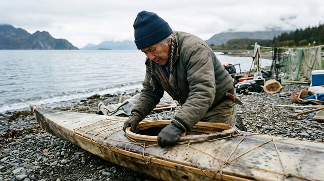 Experienced fisherman preparing a traditional skin boat on a rocky coastline with mountains