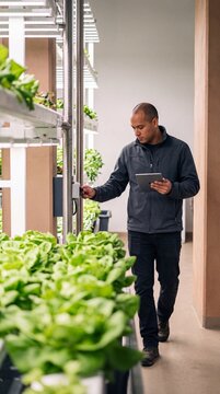 Agricultural engineer holding a digital tablet while inspecting automated control systems in a vertical hydroponic farm
