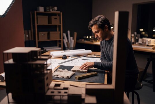 Focused Male Architect Examining Building Materials and Blueprints at His Desk in Architectural Studio