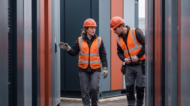 Two industrial engineers in hard hats and safety vests discussing maintenance near outdoor electrical enclosures