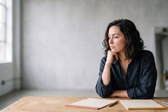 Thoughtful young woman sitting at a desk with notebook and looking away in a bright minimalist office