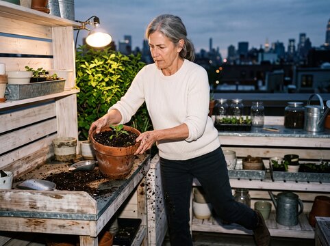 Mature woman planting seedlings in terracotta pot on urban rooftop garden terrace at dusk with city skyline in background
