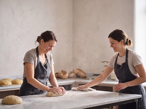 Two cheerful female bakers working together in an artisan bakery, kneading fresh dough and cleaning the flour-dusted marble table