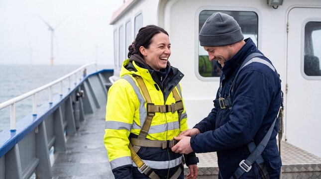 Two offshore wind technicians smiling while adjusting safety harness gear on a vessel deck near wind turbines
