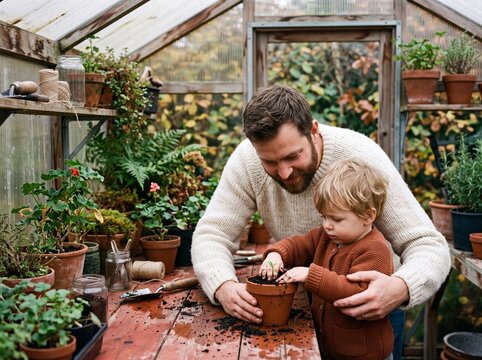 Father teaching his cute toddler son how to plant a seedling in a terracotta pot inside a cozy rustic greenhouse