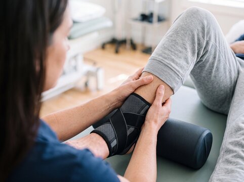 Female physiotherapist examining an injured patient wearing an ankle brace during physical therapy rehabilitation session in clinic