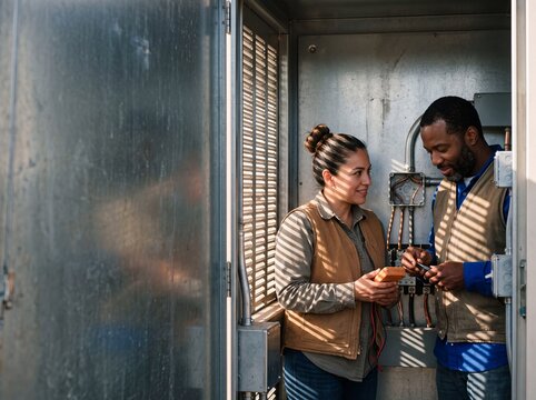 Two diverse electrical technicians inspecting and testing industrial equipment inside a utility control cabinet
