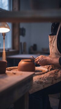 Professional potter trimming the bottom of a clay bowl on a spinning pottery wheel in a cozy rustic art studio workshop