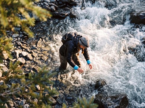A female hiker filling a water bottle in a fast-flowing mountain stream during an outdoor wilderness adventure