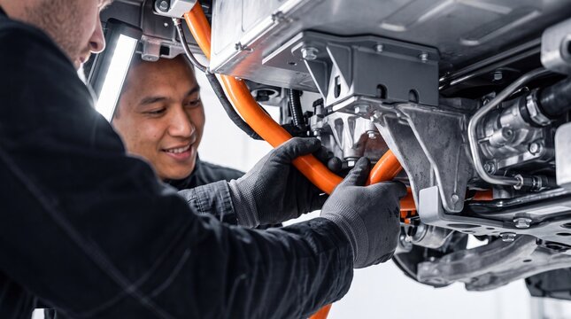 Professional Mechanics Inspecting and Repairing High Voltage Cable Underneath Modern Electric Vehicle in Auto Service Garage