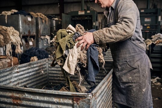 A male factory worker sorts old clothing and textile scraps into a large metal container in a textile recycling facility